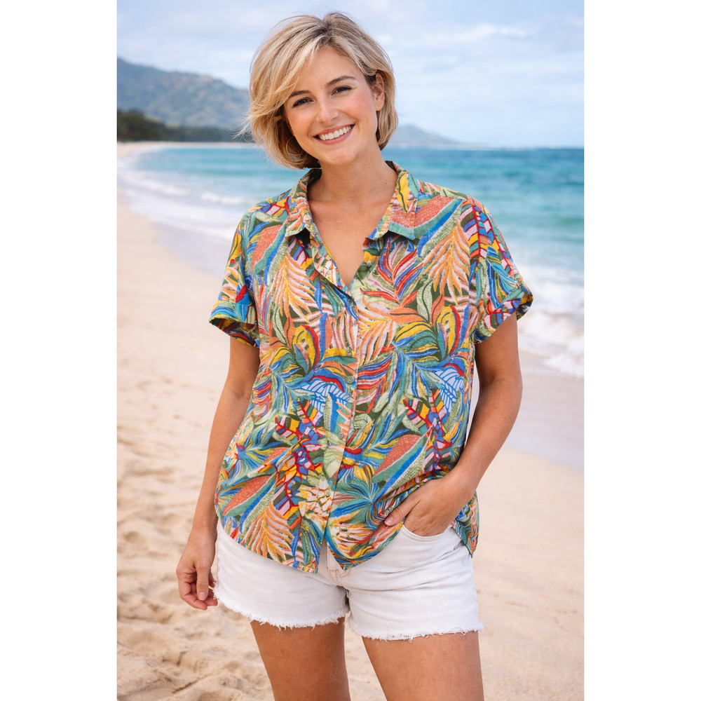 C & C California Button Up Shirt Bright Tropical 100% Linen Shirt Size M